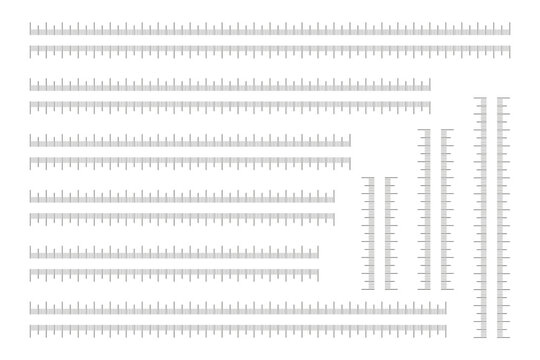 Ruler scale with 7 cm, 10cm, 15, 18, 19, 20, 25, 26 and 30 cm centimeters without numbers. Measuring chart. Ruler scale, sewing tool template. Length measurement height, distance, math.