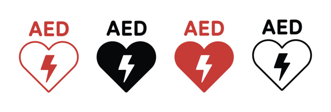 AED defibrillator icon set, automated external defibrillator symbols, emergency cardiac shock device signs for healthcare safety and medical applications.