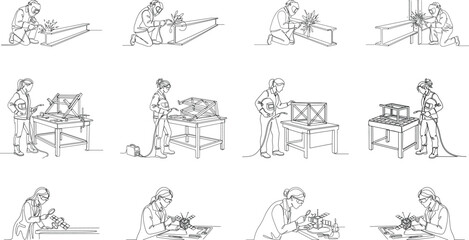 Obraz premium Industrial Welding and Metal Fabrication Line Art Collection Featuring Skilled Workers, Engineering Processes, and Workshop Operations