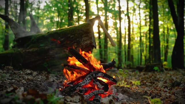 Chopping wood with an axe near a campfire in the forest seamless loop, cozy camping atmosphere with realistic crackling fire sound and birds singing background, outdoor survival ASMR