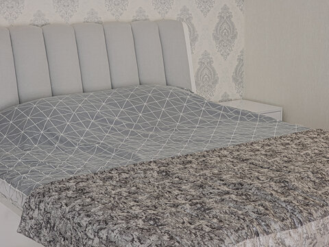 Modern bed with gray textile headboard bedroom side view