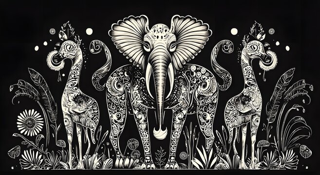 Monochrome zoo animal artwork with graphic line textures bold wallpaper