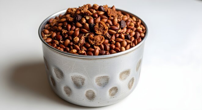A tin pot (like Johnny's hat) filled with apple seeds, on a white surface.
