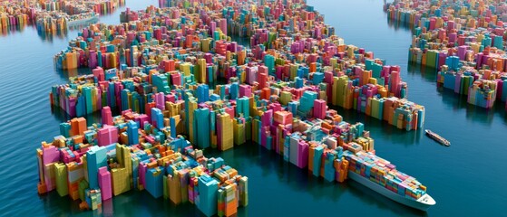 Fototapeta premium Colorful shipping containers form a large pattern on water, showing a busy port during the daytime