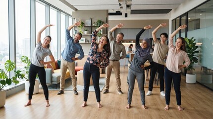 Fototapeta premium A diverse group of people engaging in office yoga, stretching and promoting well-being in a modern workspace