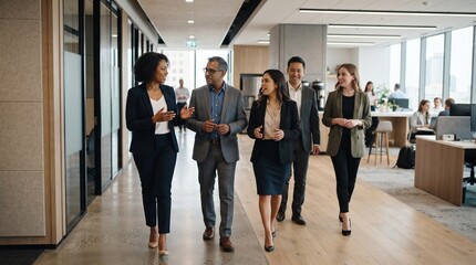 Fototapeta premium A diverse group of five business professionals walking and talking in a modern office hallway. They are all dressed in professional attire and appear engaged in conversation