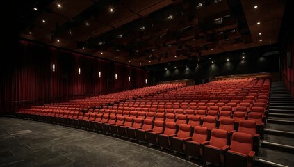 Naklejka premium Empty Theater With Red Seats and Black Stage Lighting at Evening Time