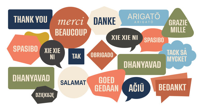 Collection of thank you speech bubbles in multiple languages on a white background