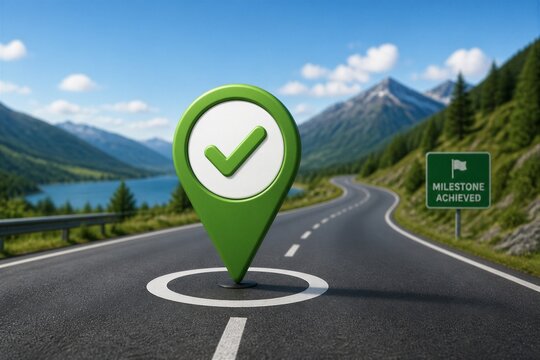 A green location pin stands on the road with a check mark. In the background, mountains and trees are visible. A milestone sign shows that a goal has been reached.