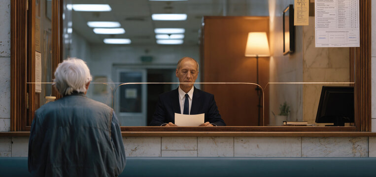Municipal civil servant processes paperwork at a government service window while an elderly applicant waits across bullet-resistant glass during routine public administration.