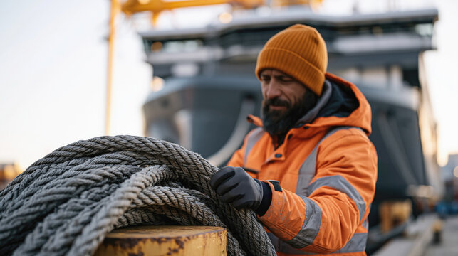 Crew member coils an electric charging cable around a dock bollard after shore power connection, with a zero-emission cargo vessel rising behind in a harbor at dusk.