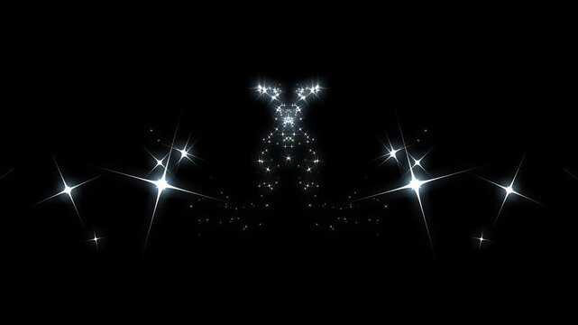 Magic sparkle stars animation, glowing glitter trail, fairy dust shimmer particles, white doodle star burst, luxury glitter line transition, sparkling light effect, black background, 4k loop