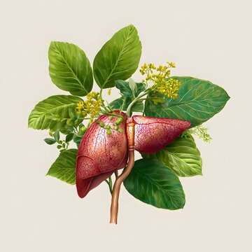 Natural medicine concept with detailed liver and green foliage wallpaper