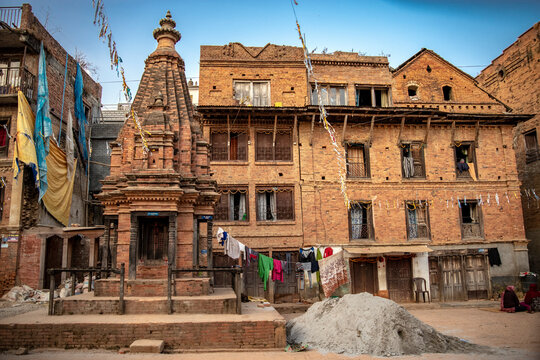Ancient Hindu Temple and Traditional Newar Houses in Bhaktapur Nepal