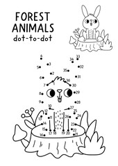 Obraz premium Vector forest dot-to-dot and color activity with cute hare. Black and white connect the dots game for children with funny woodland animal. Line printable worksheet with rabbit sitting on tree stump