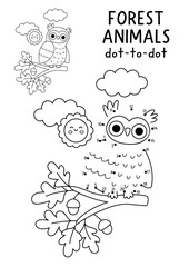 Obraz premium Vector forest dot-to-dot and color activity with cute owl sitting on oak tree branch. Black and white connect the dots game for children with funny woodland animal, bird. Line printable worksheet