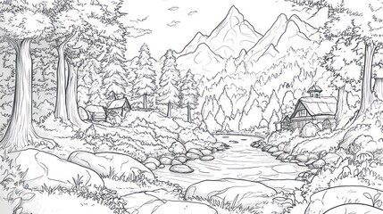 Obraz premium Mountain landscape sketch, tranquil scene, nature illustration, artistic drawing, use for book cover or greeting card