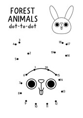 Obraz premium Vector forest dot-to-dot and color activity with cute rabbit head. Black and white connect the dots game for children with funny woodland animal face or muzzle. Line printable worksheet with hare