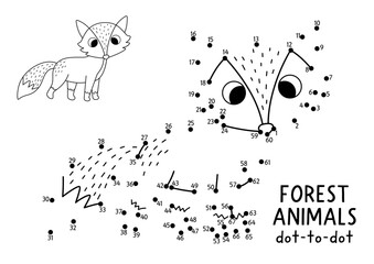 Fototapeta premium Vector forest dot-to-dot and color activity with cute fox. Black and white connect the dots game for children with funny woodland animal. Line printable worksheet