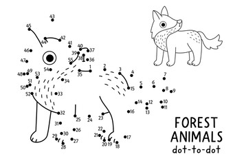 Obraz premium Vector forest dot-to-dot and color activity with cute wolf. Black and white connect the dots game for children with funny woodland animal. Line printable worksheet
