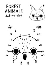 Obraz premium Vector forest dot-to-dot and color activity with cute squirrel head. Black and white connect the dots game for children with funny woodland animal face or muzzle. Line printable worksheet