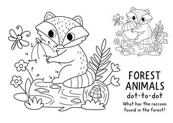 Obraz premium Vector forest dot-to-dot and color activity with cute raccoon sitting on log holding acorn. Black and white connect dots game for children with funny woodland animal. Line printable worksheet
