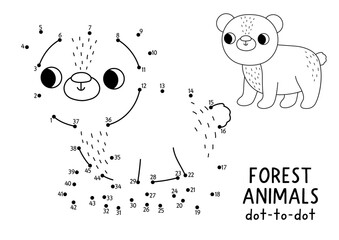 Obraz premium Vector forest dot-to-dot and color activity with cute bear. Black and white connect the dots game for children with funny woodland animal. Line printable worksheet