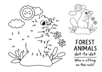 Obraz premium Vector forest dot-to-dot and color activity with cute beaver sitting on stone nibbling wood. Black and white connect the dots game for children with woodland animal. Line printable worksheet