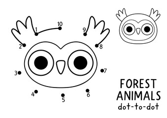 Obraz premium Vector forest dot-to-dot and color activity with cute owl head. Black and white connect the dots game for children with woodland animal face or muzzle. Line printable worksheet with wild bird