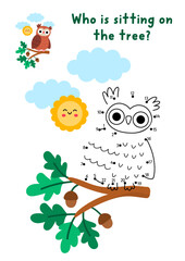 Obraz premium Vector forest dot-to-dot and color activity with cute owl with colored background. Connect the dots game for children with woodland animal. Line printable worksheet. Who is sitting on the tree?