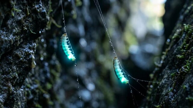 two glowworm close up in waitomo caves new zealand morning light video