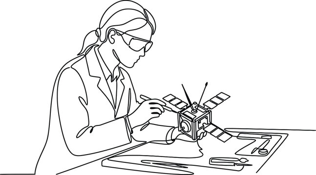 Scientist assembling CubeSat satellite model with precision tools in laboratory wearing safety glasses and lab coat