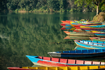 Colorful Wooden Boats on Phewa Lake Pokhara Nepal © Jeppo75