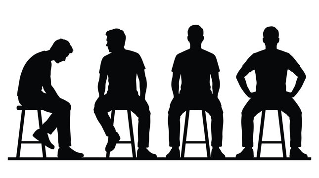 Four dark black silhouettes of men sitting on round stools in different poses against white