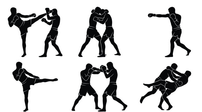 Set of black silhouettes showcasing various kickboxing fighters engaged in intense combat and training action poses