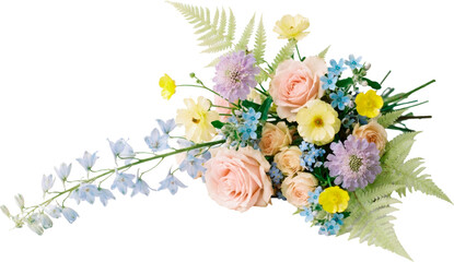Fototapeta premium Delicate floral arrangement with pink roses and bluebells isolated on transparent background