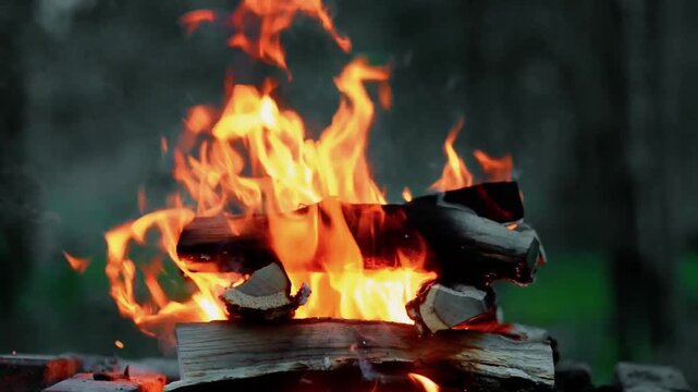 Beautiful campfire loop in the forest during evening dusk, seamless video with ambient sound of crackling logs and singing birds, bright fire flames on wood for relaxing ASMR screensaver