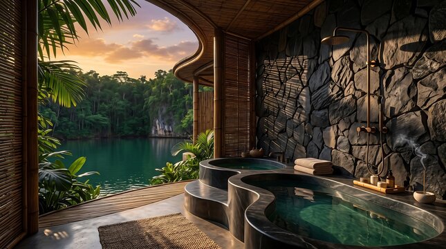 Luxury outdoor spa bathroom with stone tub and tropical view