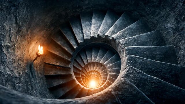 Medieval Spiral Stone Staircase Lit by Torch Descending into Dark