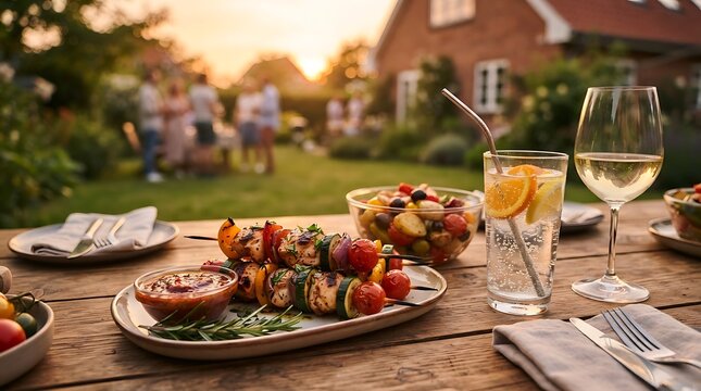 Summer backyard barbecue with friends enjoying grilled kebabs fresh salad and refreshing drinks at sunset during a warm evening gathering