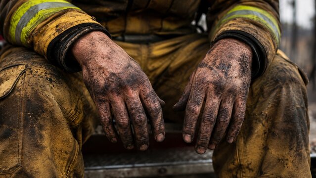 Close-up of an exhausted firefighter's soot-covered hands resting heavily on knees