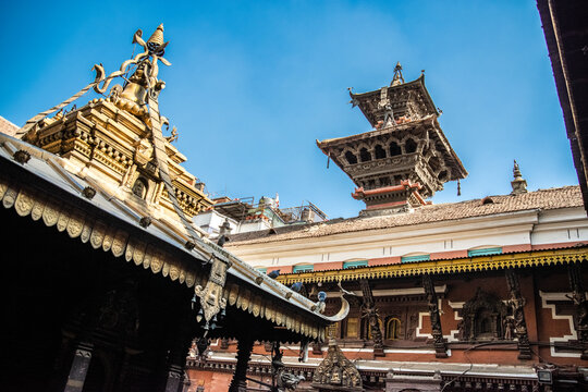 Golden Temple Courtyard Pagoda and Roofs Patan Nepal