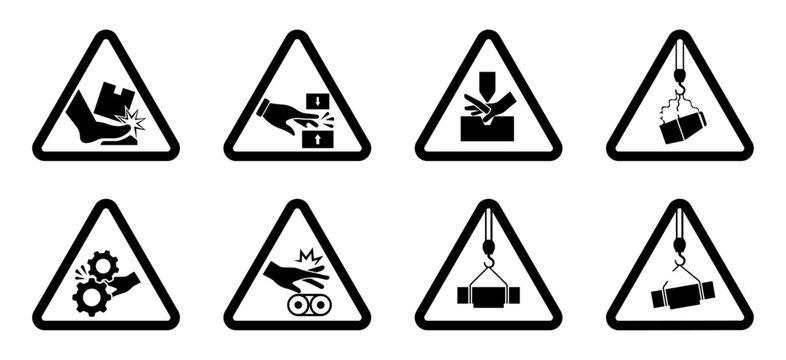 Industrial warning sign icon set. Warning, safety, hazard, machine and danger symbols for workplace protection, factory equipment, crushing, pinch point, suspended load, conveyor, lifting operations, 