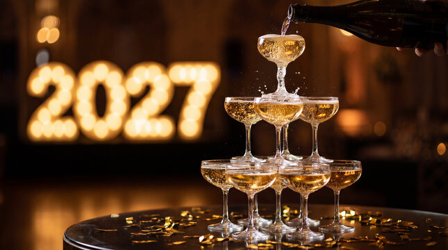 Champagne tower being filled with sparkling wine beside illuminated 2027 display
