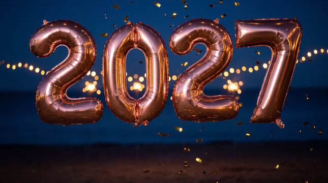Rose gold 2027 foil balloons with confetti and festive string lights