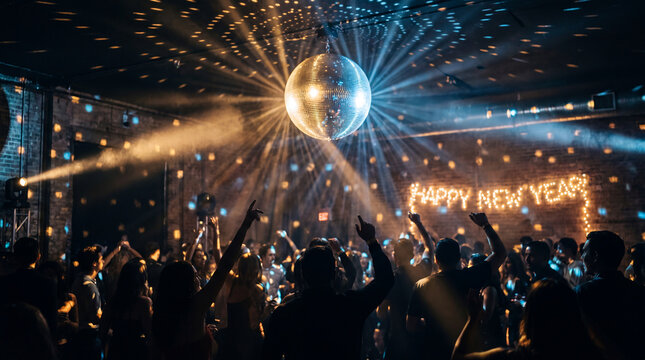 Crowd celebrating Happy New Year beneath disco ball at nightclub party