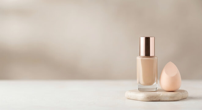 Liquid foundation bottle and makeup sponge on stone stand.