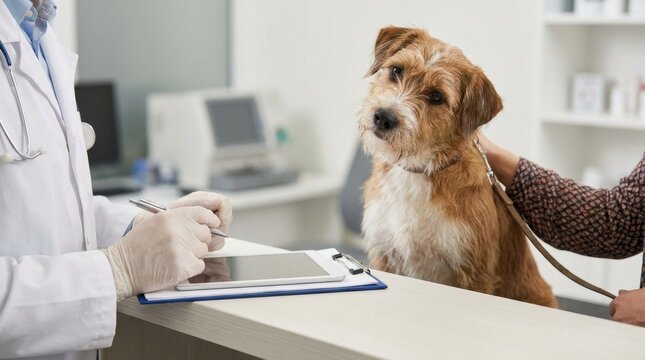 A dog sits on a counter at a clinic while its owner holds the leash. A veterinarian writes notes on a clipboard and prepares for the examination