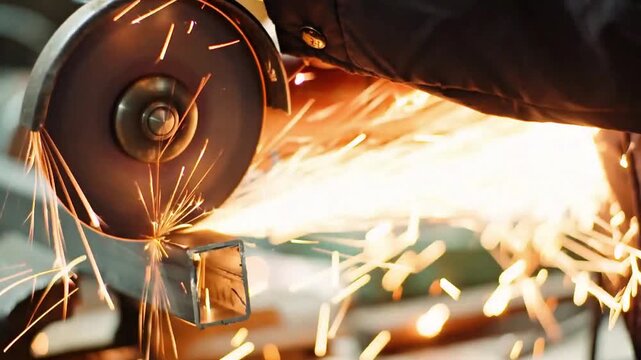 Angle Grinder Cutting Metal with Bright Sparks in Workshop