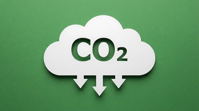 A white paper cloud shape displaying the letters CO2 with downward pointing arrows on a vibrant green background representing carbon dioxide emissions